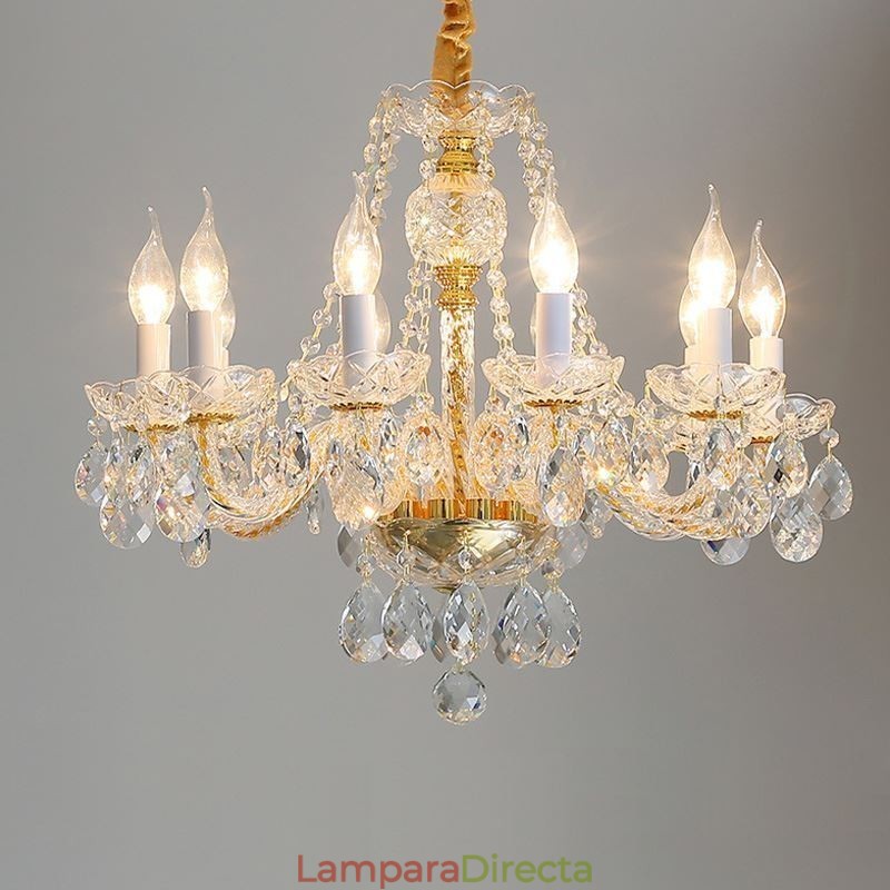 Lámpara de araña de cristal transparente con cuerpo dorado europeo, lámpara de techo decorativa de lujo