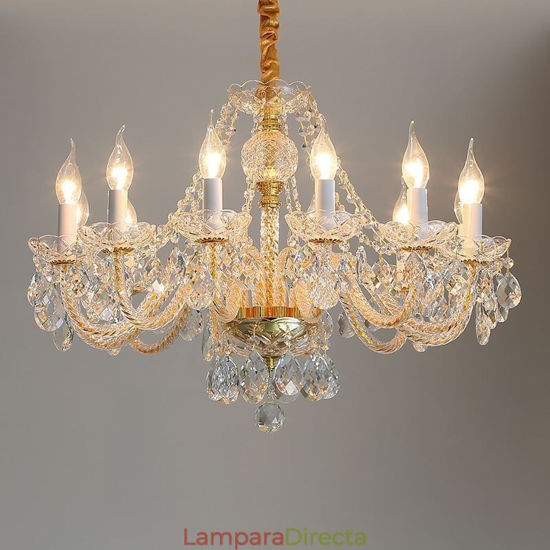 Lámpara de araña de cristal transparente con cuerpo dorado europeo, lámpara de techo decorativa de lujo