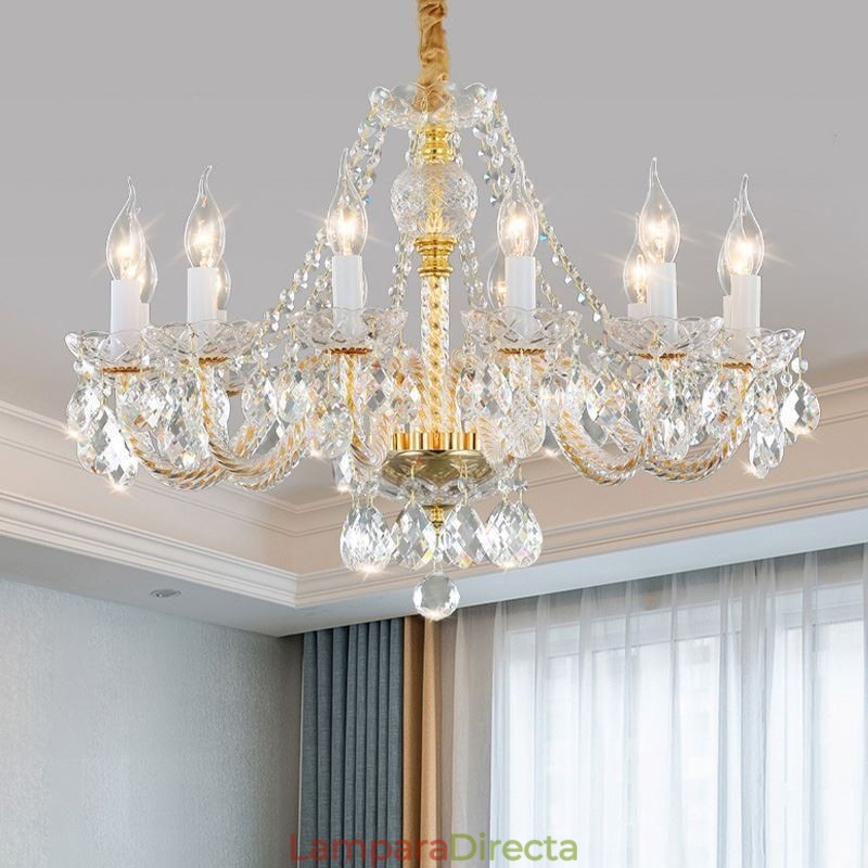 Lámpara de araña de cristal transparente con cuerpo dorado europeo, lámpara de techo decorativa de lujo