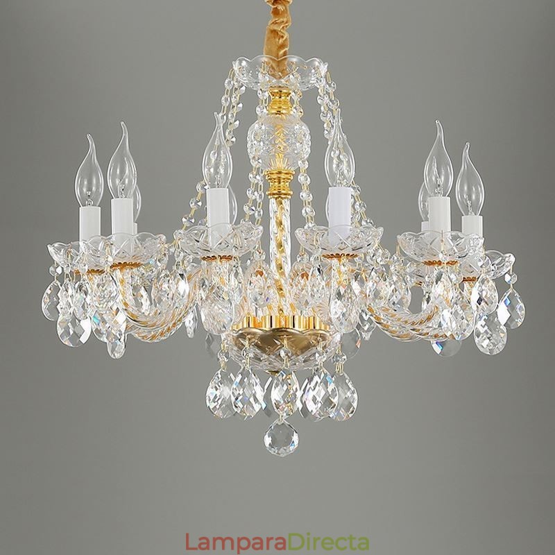 Lámpara de araña de cristal transparente con cuerpo dorado europeo, lámpara de techo decorativa de lujo