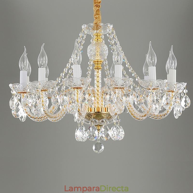 Lámpara de araña de cristal transparente con cuerpo dorado europeo, lámpara de techo decorativa de lujo