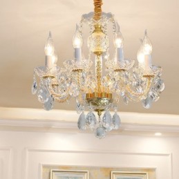 Lámpara de araña de cristal transparente europea, cuerpo de lámpara de vidrio, 8 luces, cuerpo dorado, lámpara de techo