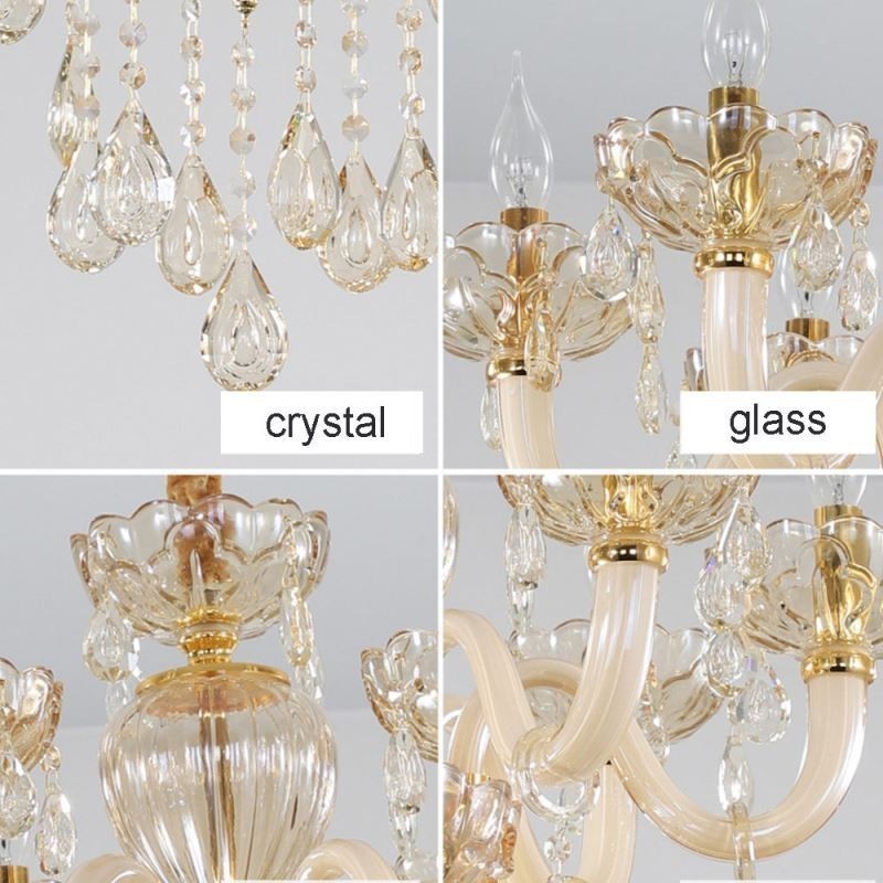 Elegante lámpara de araña de cristal de color coñac europeo, luz de techo con cuerpo de vidrio de doble capa, 12 + 6 luces