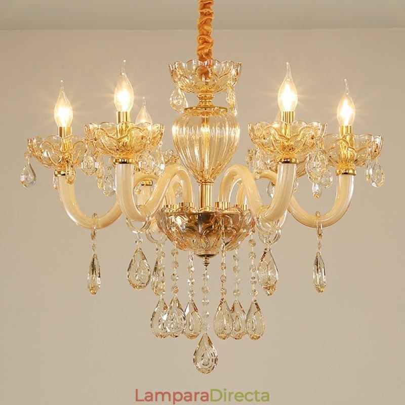 Preciosa lámpara de araña de cristal de estilo europeo, color coñac, con cuerpo de cristal y 8 luces.