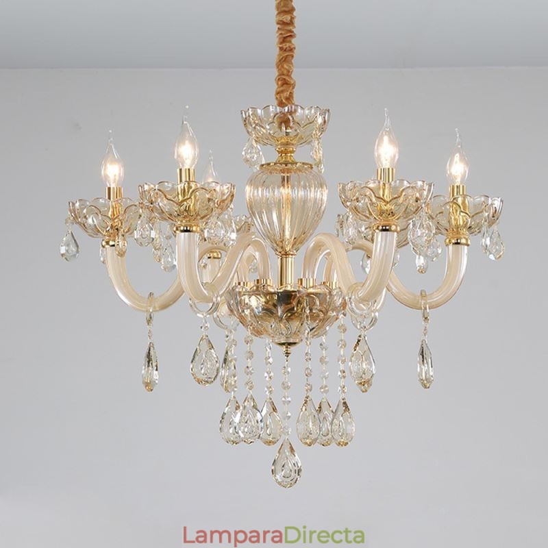 Preciosa lámpara de araña de cristal de estilo europeo, color coñac, con cuerpo de cristal y 8 luces.