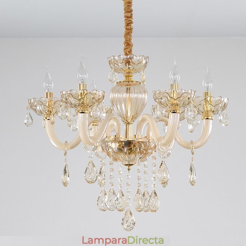 Preciosa lámpara de araña de cristal de estilo europeo, color coñac, con cuerpo de cristal y 8 luces.