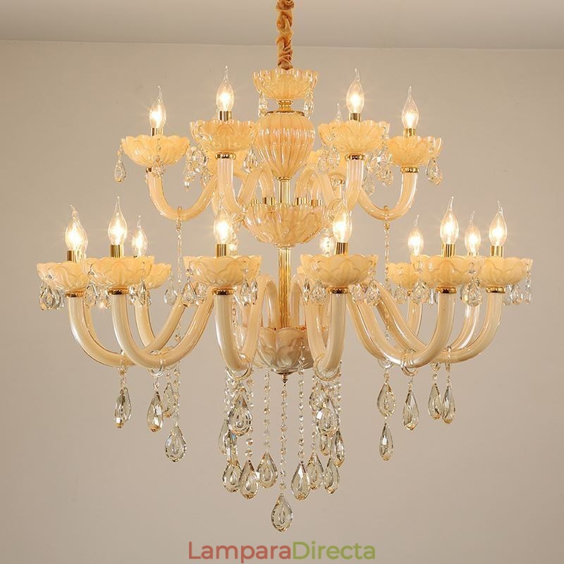 Lámpara de techo de cristal de lujo, color coñac europeo, cuerpo de vidrio de doble capa, 12 + 6 luces
