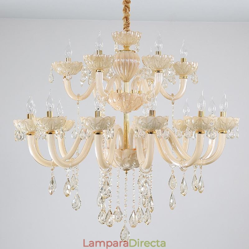Lámpara de techo de cristal de lujo, color coñac europeo, cuerpo de vidrio de doble capa, 12 + 6 luces