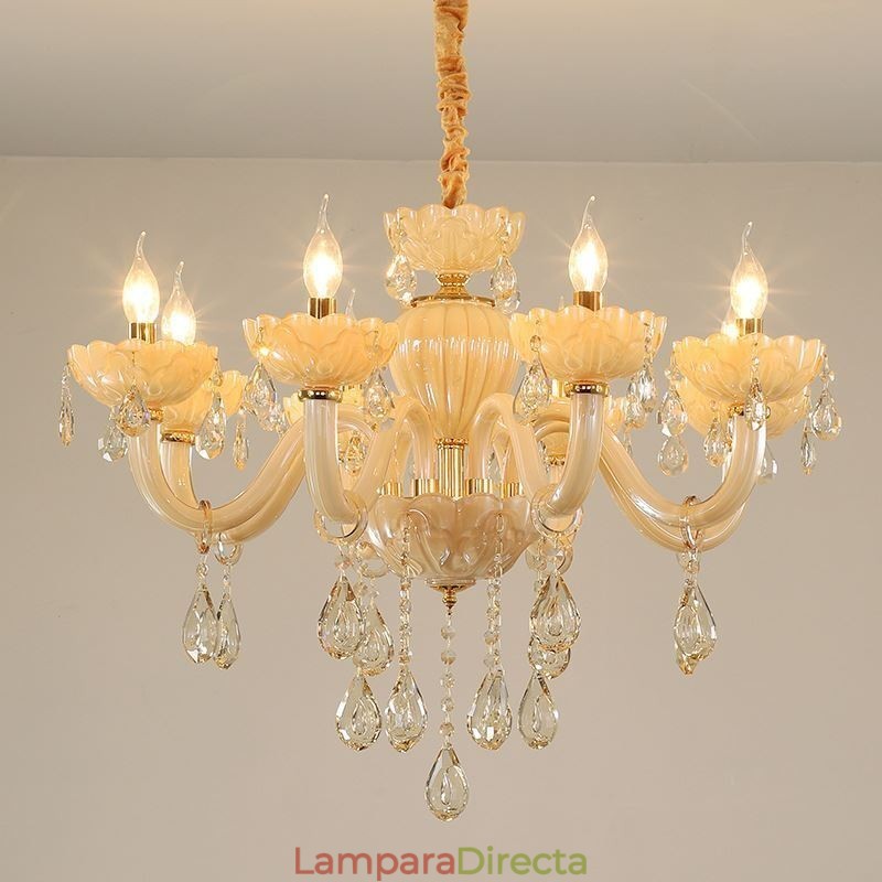 Lámpara de techo de cristal llamativa, color coñac europeo, cuerpo de vidrio, 8 luces