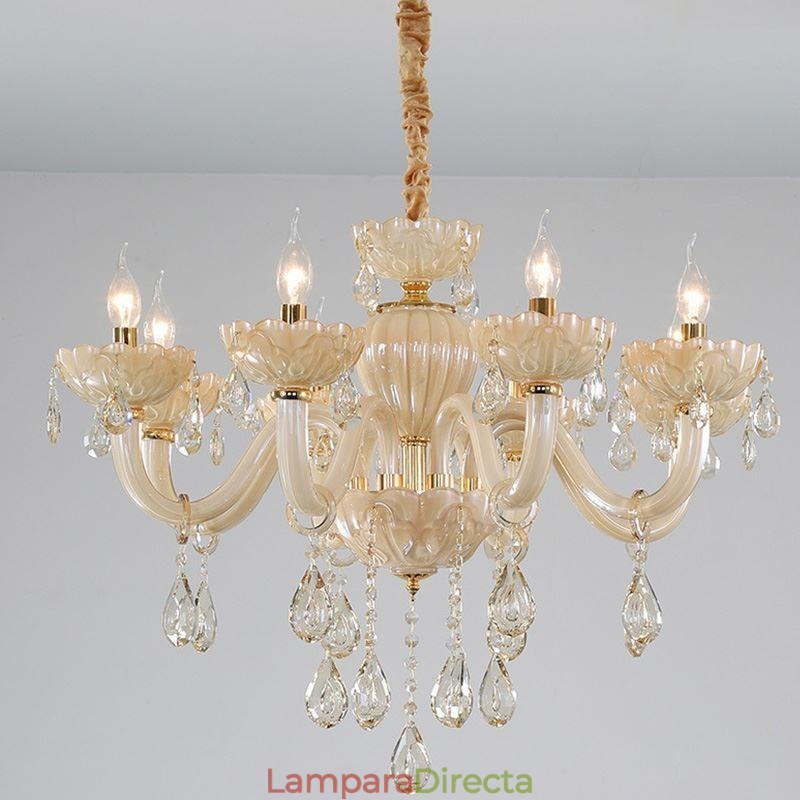 Lámpara de techo de cristal llamativa, color coñac europeo, cuerpo de vidrio, 8 luces