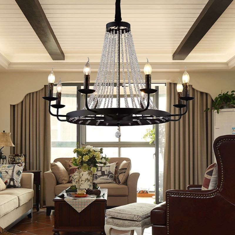 Lámpara colgante de cristal vintage con forma de vela de hierro negro