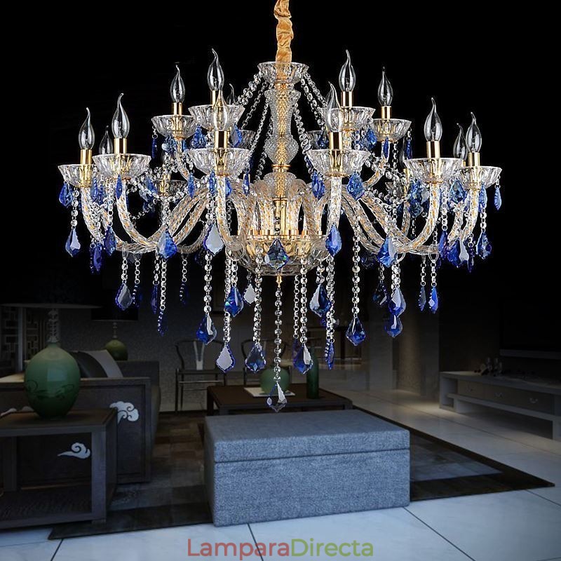 Lámpara colgante de cristal europea de lujo, luz azul
