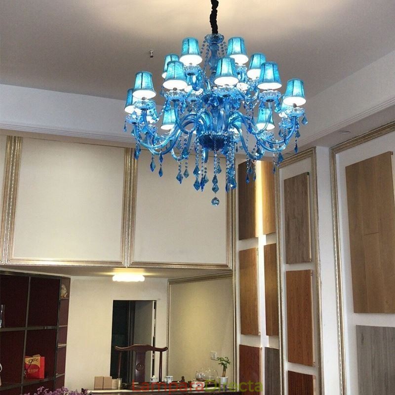 Lámpara colgante europea de cristal grande, color azul, estética