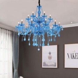 Lámpara colgante europea de cristal grande, color azul, estética