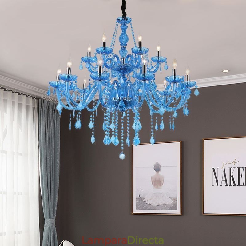 Lámpara colgante europea de cristal grande, color azul, estética