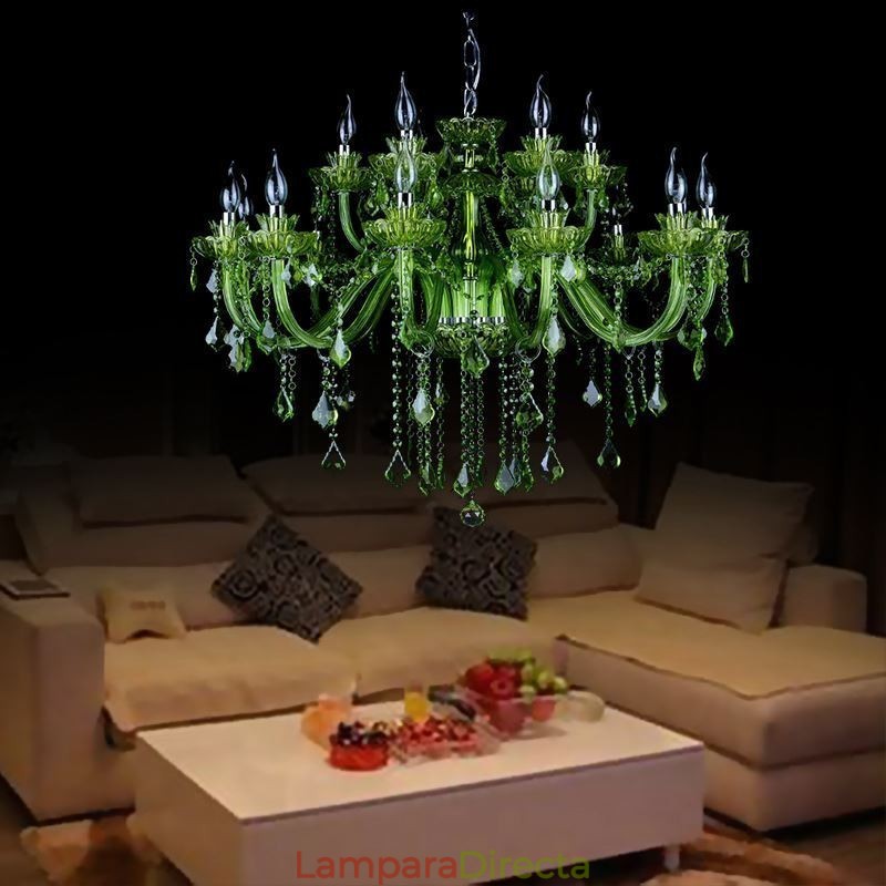 Lámpara colgante estilo europeo de cristal verde con forma de vela