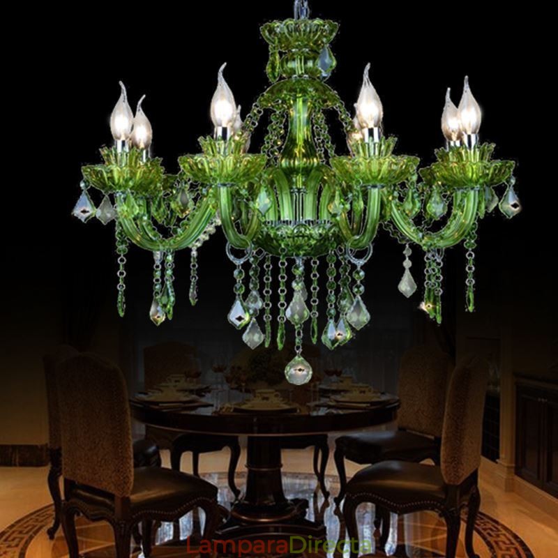 Lámpara colgante estilo europeo de cristal verde con forma de vela