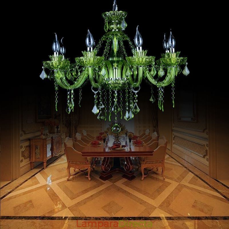 Lámpara colgante estilo europeo de cristal verde con forma de vela