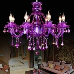 Elegante lámpara de techo de cristal morado, lámpara de araña europea