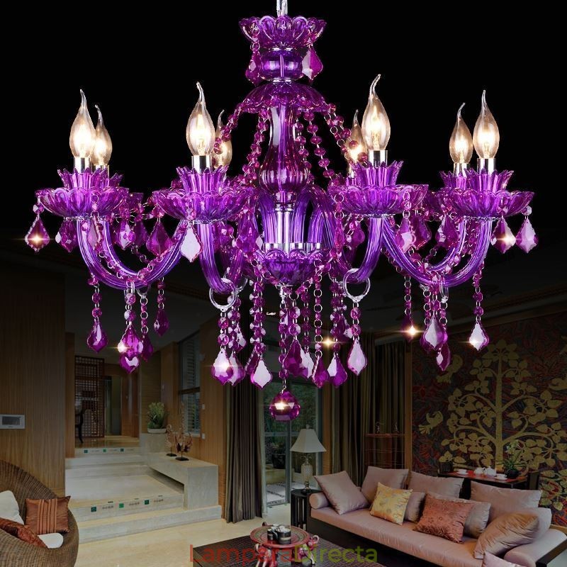 Elegante lámpara de techo de cristal morado, lámpara de araña europea