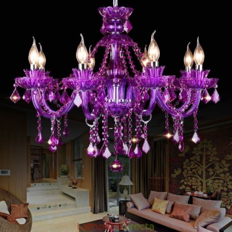 Elegante lámpara de techo de cristal morado, lámpara de araña europea