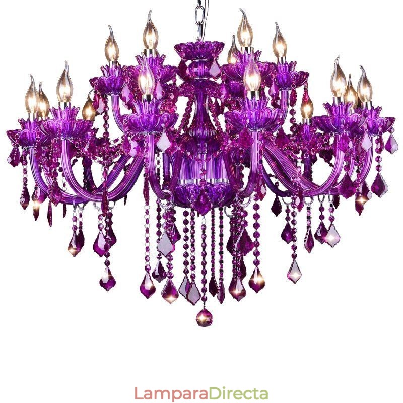 Elegante lámpara de techo de cristal morado, lámpara de araña europea