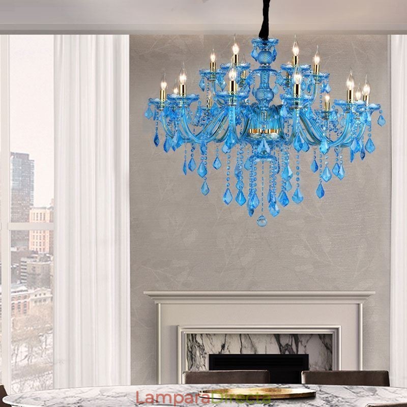 Lámpara colgante europea de gran tamaño de cristal azul