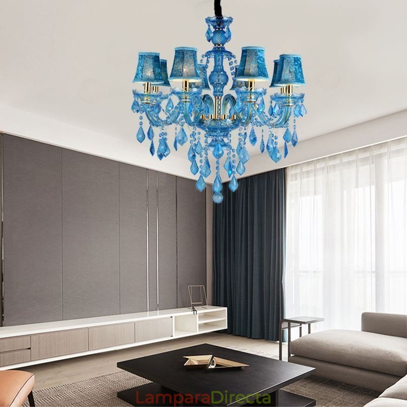 Lámpara colgante europea de gran tamaño de cristal azul