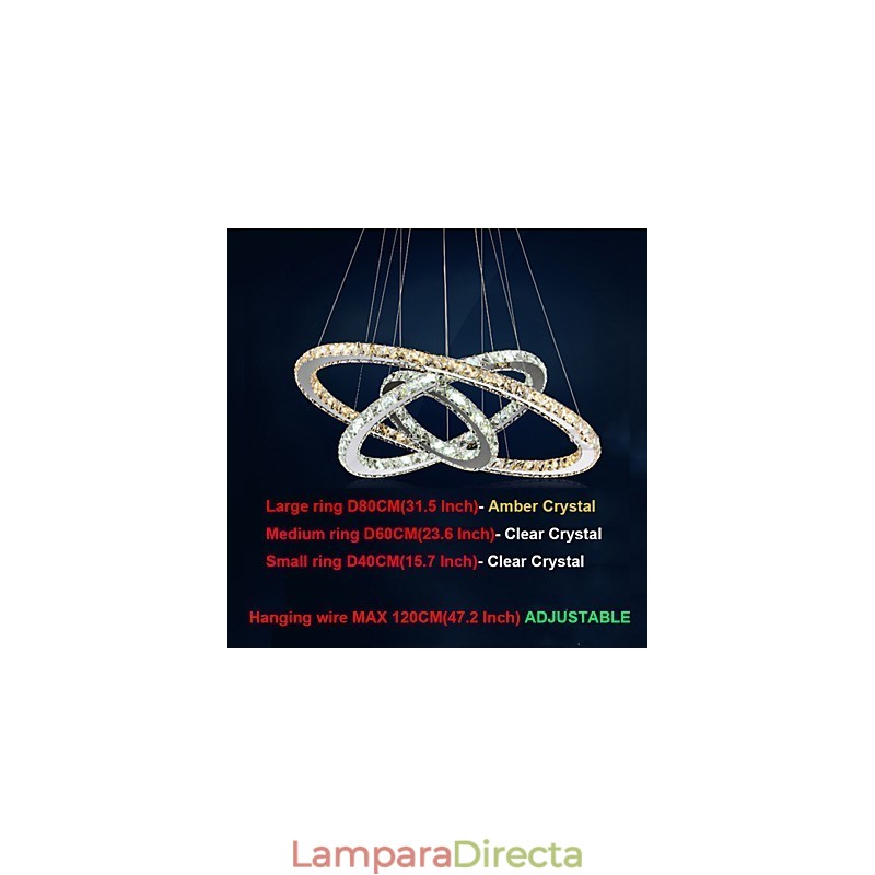 Lámparas colgantes de cristal K9 ámbar y transparente, iluminación con 3 anillos