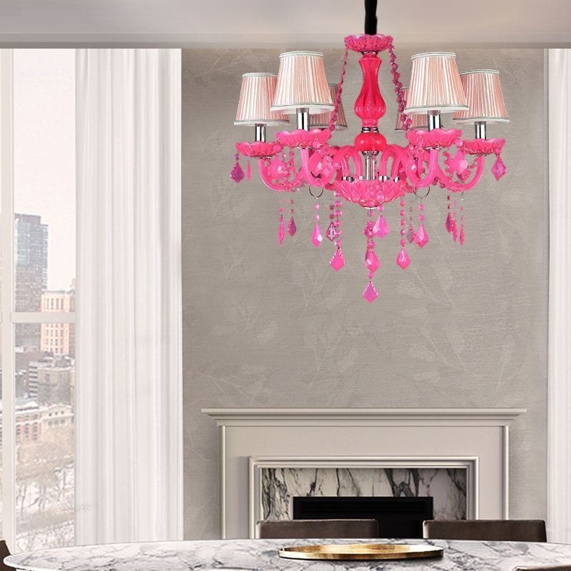 Lámpara colgante de cristal de estilo europeo, color rosa, romántica.