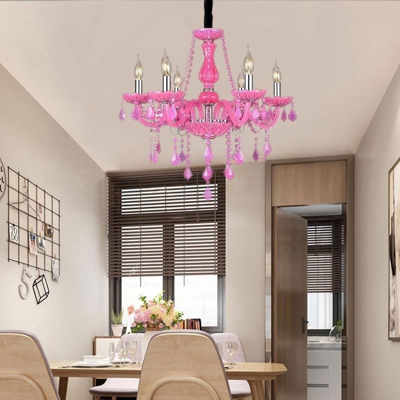 Lámpara colgante de cristal de estilo europeo, color rosa, romántica.