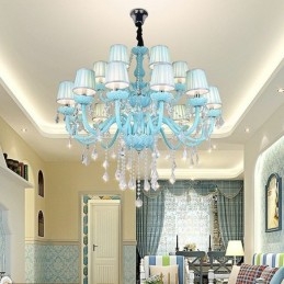 Lámpara colgante europea de cristal grande de color azul