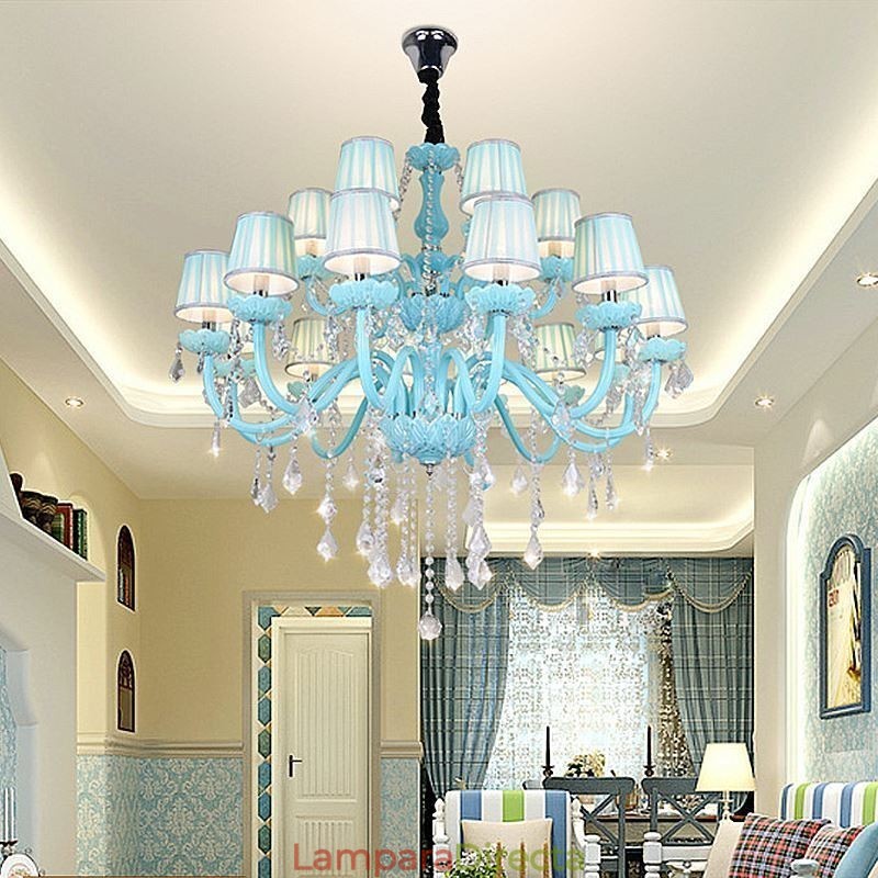 Lámpara colgante europea de cristal grande de color azul