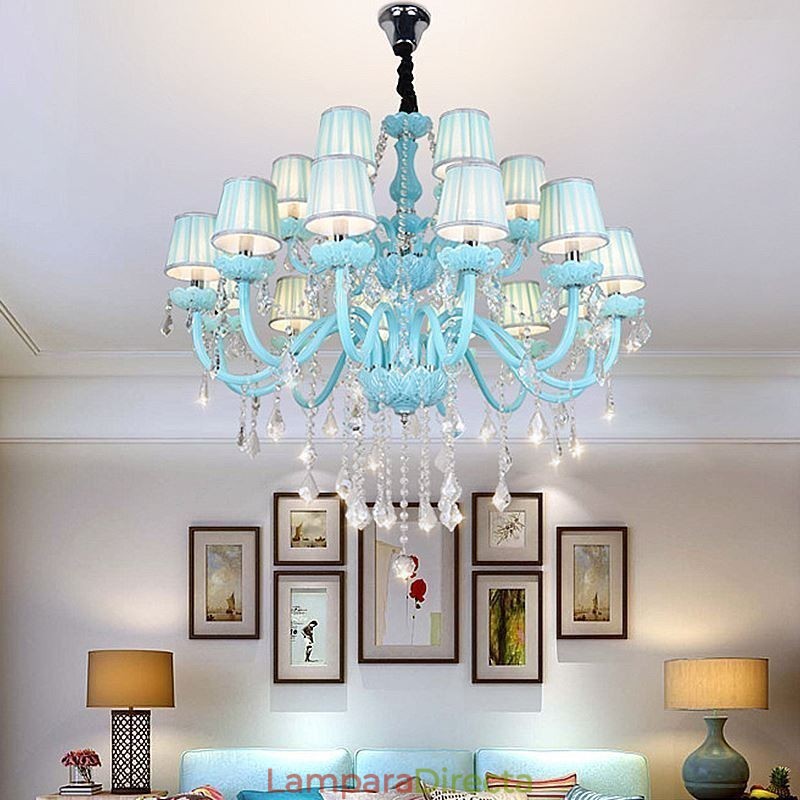 Lámpara colgante europea de cristal grande de color azul