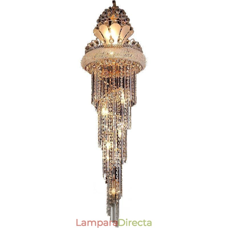 Elegante lámpara de araña de cristal moderna, sencilla y larga, con escalera dúplex