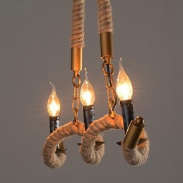 Lámpara de araña de cáñamo con forma de vela, colgante vintage de hierro forjado con cuerda de cáñamo ondulada