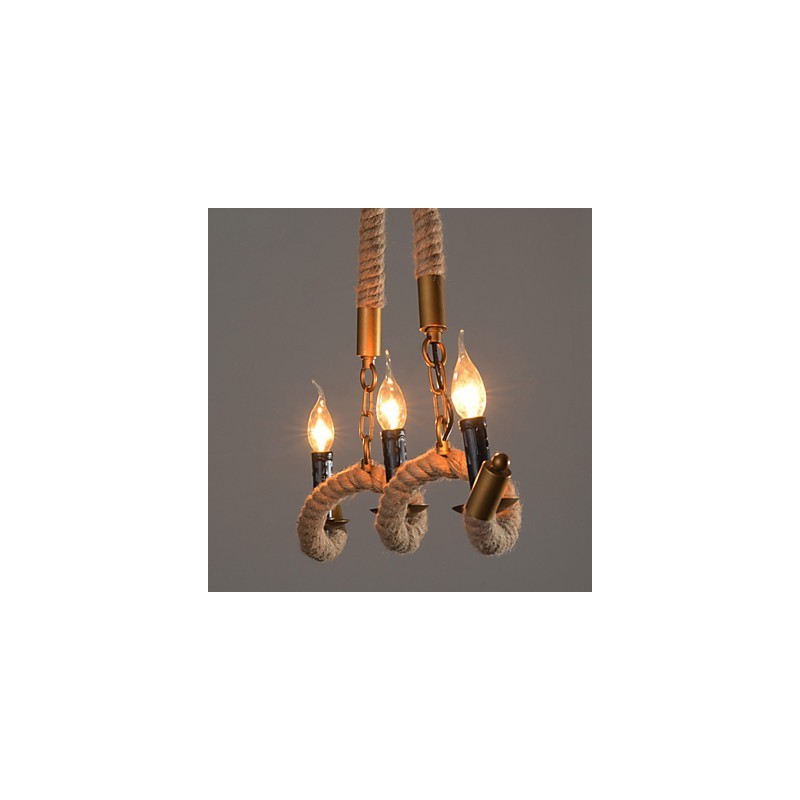 Lámpara de araña de cáñamo con forma de vela, colgante vintage de hierro forjado con cuerda de cáñamo ondulada