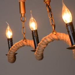 Lámpara de araña de cáñamo con forma de vela, colgante vintage de hierro forjado con cuerda de cáñamo ondulada