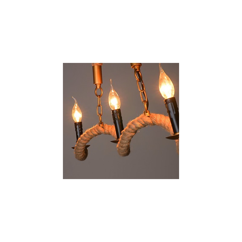 Lámpara de araña de cáñamo con forma de vela, colgante vintage de hierro forjado con cuerda de cáñamo ondulada