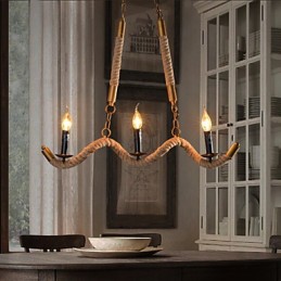 Lámpara de araña de cáñamo con forma de vela, colgante vintage de hierro forjado con cuerda de cáñamo ondulada