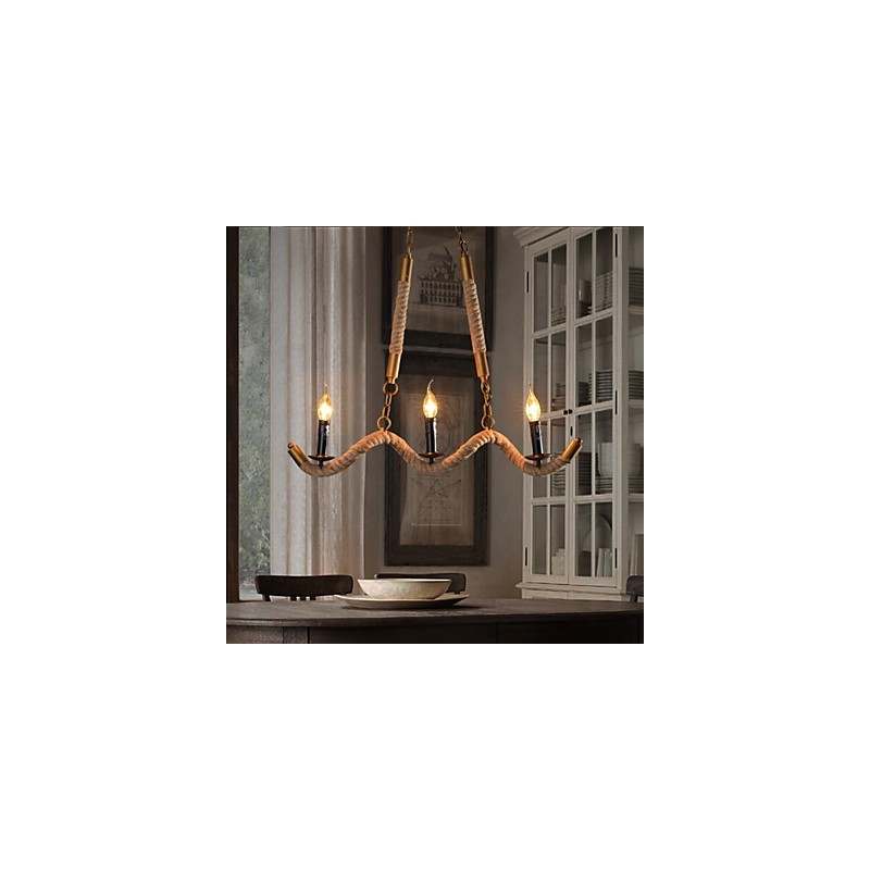 Lámpara de araña de cáñamo con forma de vela, colgante vintage de hierro forjado con cuerda de cáñamo ondulada
