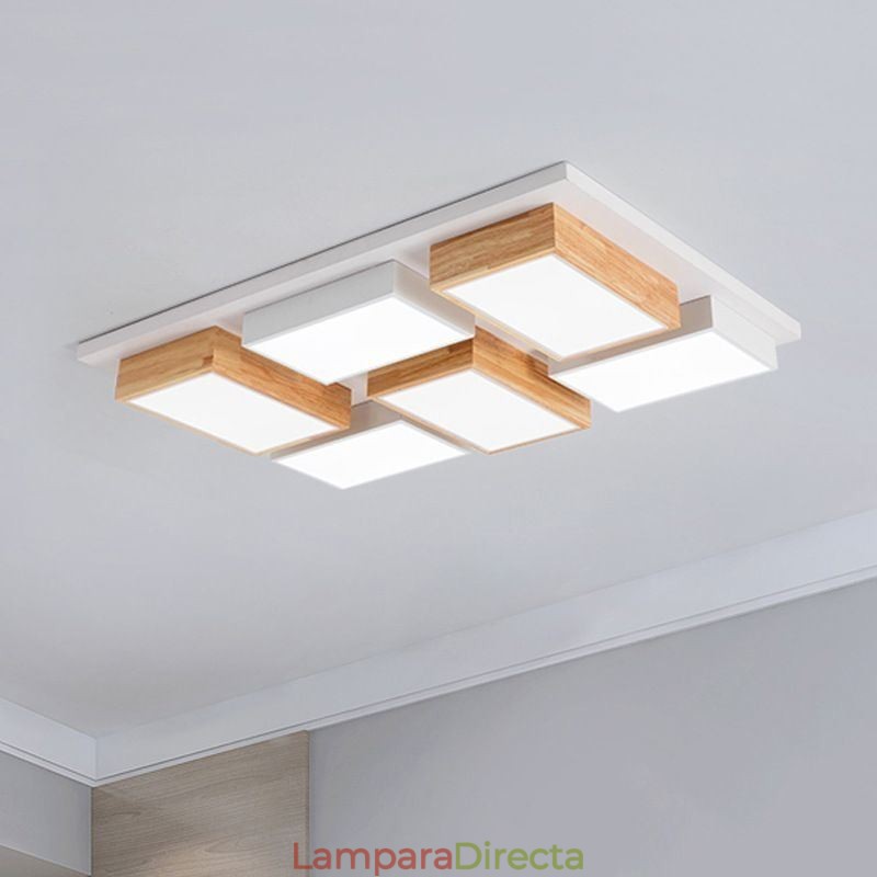 Lámpara de techo acrílica moderna con diseño geométrico de madera.