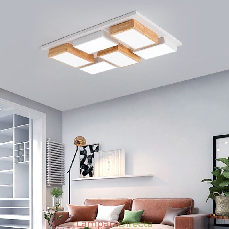 Lámpara de techo acrílica moderna con diseño geométrico de madera.