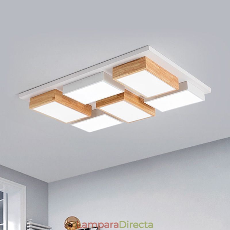 Lámpara de techo acrílica moderna con diseño geométrico de madera.
