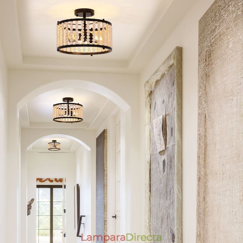 Lámpara de techo de 3 luces con cuentas de madera para vestíbulo