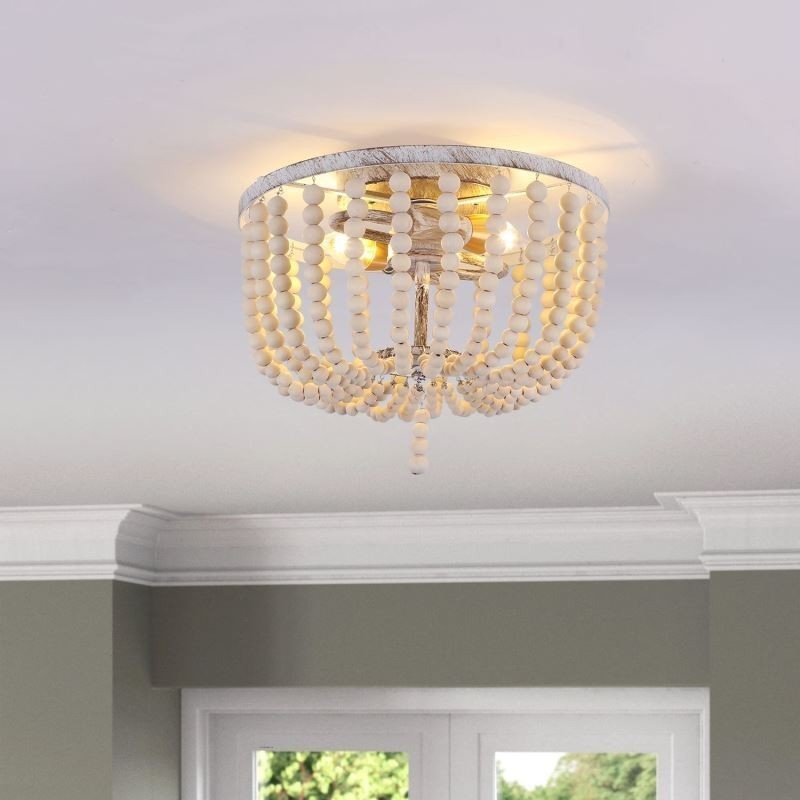 Lámpara de techo empotrada con cuentas de madera de estilo rústico, 3 luces