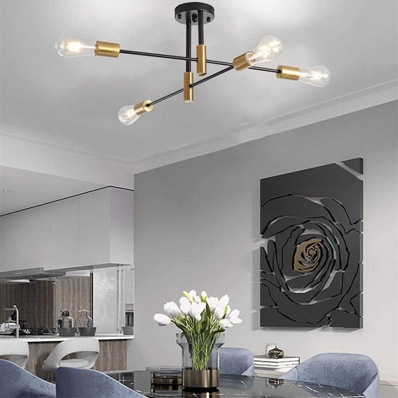 Lámpara de techo semiempotrada de 4 luces, estilo Sputnik, color negro, de mediados de siglo
