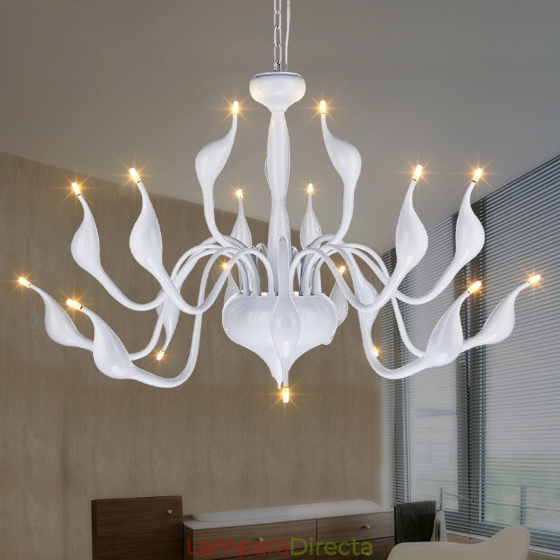 Lámpara de araña de cisne posmoderna de 18 luces de acero inoxidable G4 con acabado blanco