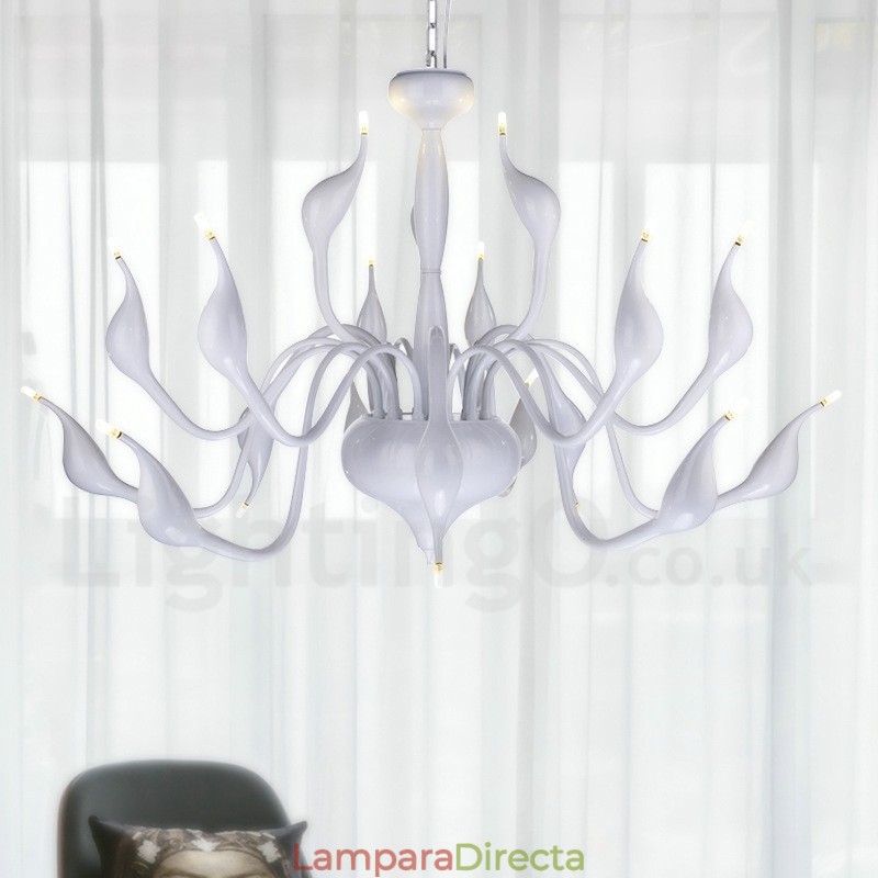 Lámpara de araña de cisne posmoderna de 18 luces de acero inoxidable G4 con acabado blanco