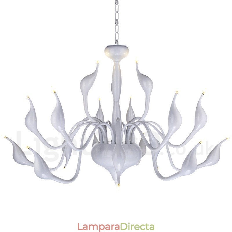 Lámpara de araña de cisne posmoderna de 18 luces de acero inoxidable G4 con acabado blanco